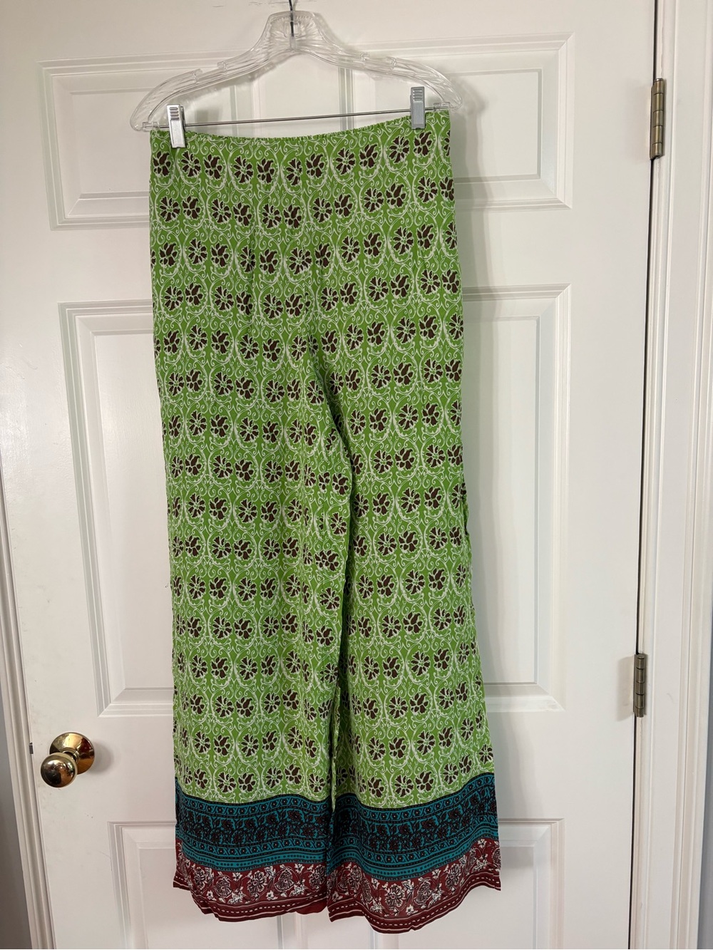 Zara Green Patterned Wide-Leg Pants with Teal and Maroon Border - NWOT